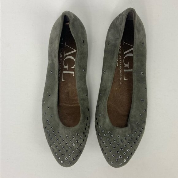NEW AGL Grey Mist Suede Grommet Flats Pointed Toe Slip On Shoe Nordstrom Minimal - Picture 9 of 11
